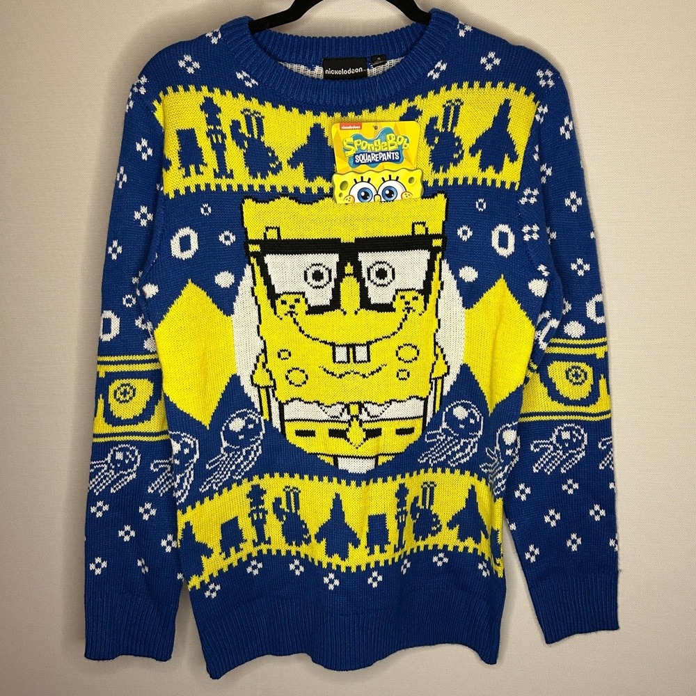 Nickelodeon SpongeBob SquarePants Men Small Blue Ugly Christmas Sweater NWT Nerd